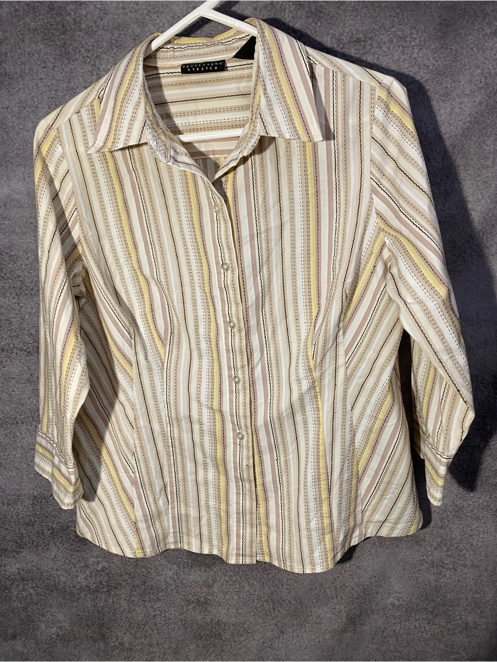 Apostrophe Stretch Women’s L Striped Button Down 3/4 Sleeve Shirt